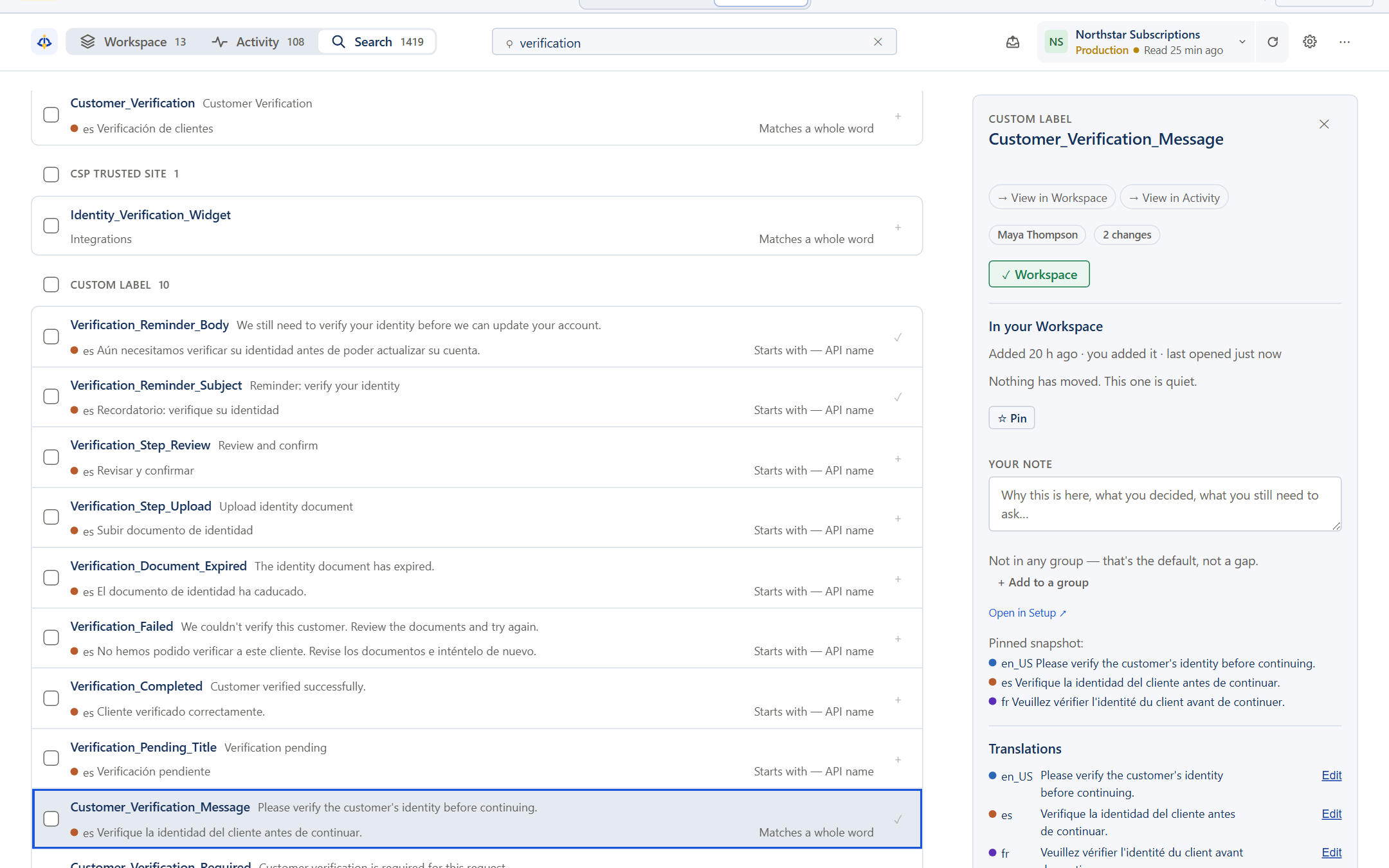 El inspector de Sextant abierto sobre la Custom Label Customer_Verification_Message, junto a los resultados de búsqueda que la encontraron: su nombre de API, sus traducciones al inglés, al español y al francés, y la neerlandesa vacía.