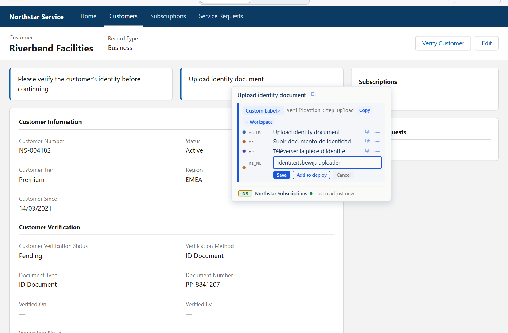 Una página de registro de Salesforce. El tooltip de Sextant nombra el texto que hay bajo el puntero —la Custom Label Verification_Step_Upload, «Upload identity document»—, lo muestra en inglés, español y francés, y tiene escrita en su sitio la traducción neerlandesa que faltaba, lista para guardar.