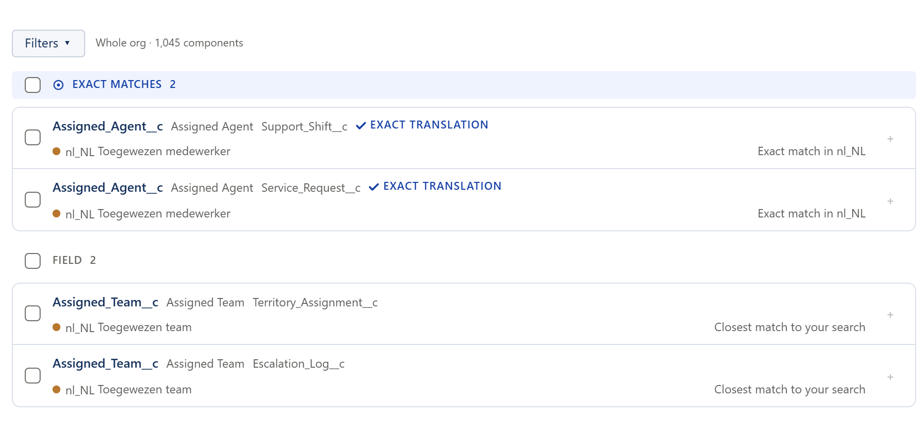 Resultados de búsqueda para la frase neerlandesa Toegewezen medewerker: dos coincidencias exactas, ambas el campo Assigned_Agent__c, marcadas como traducción exacta en nl_NL.