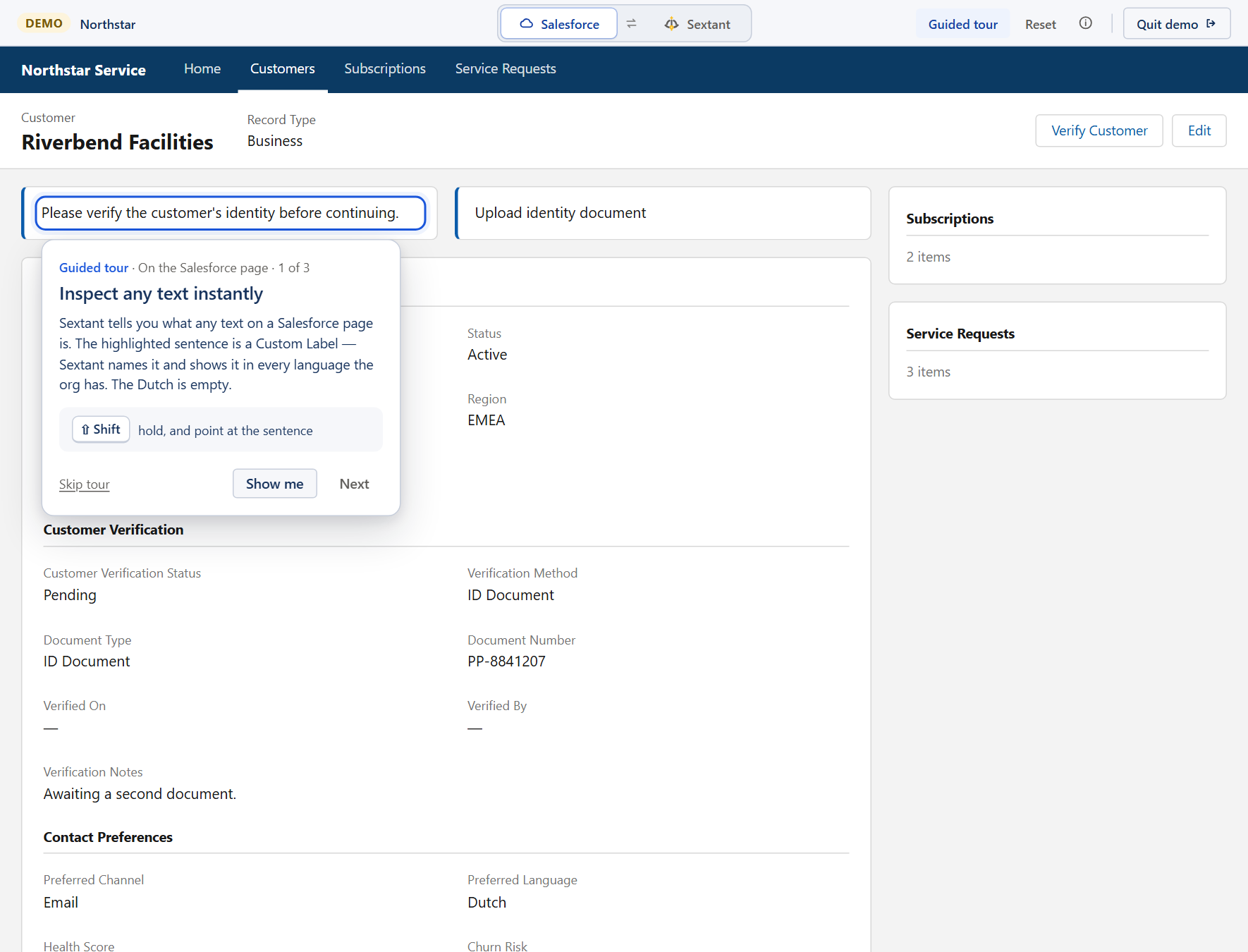 La página de registro de Salesforce sintética de la demo con la visita guiada abierta en su primer paso: una nota breve junto a la frase a la que te pide apuntar, en la org ficticia Northstar Subscriptions.